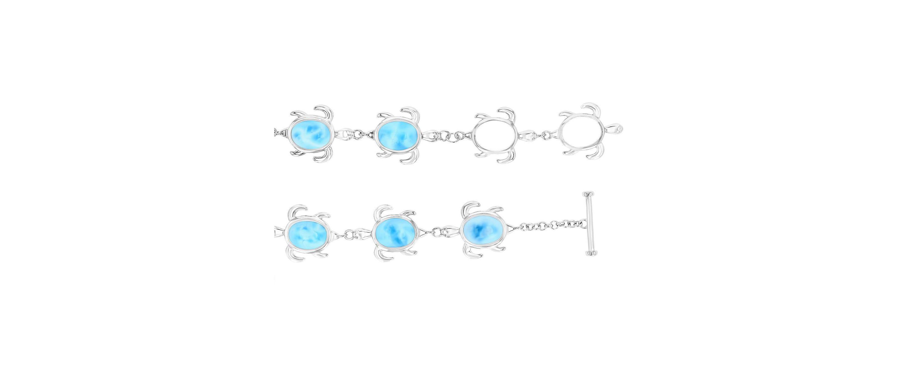 Sterling Silver Rhodium Larimar Turtle 7.5" Bracelet with Toggle