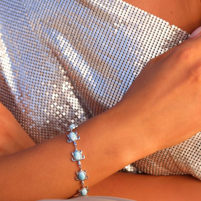 Sterling Silver Rhodium Larimar Turtle 7.5" Bracelet with Toggle