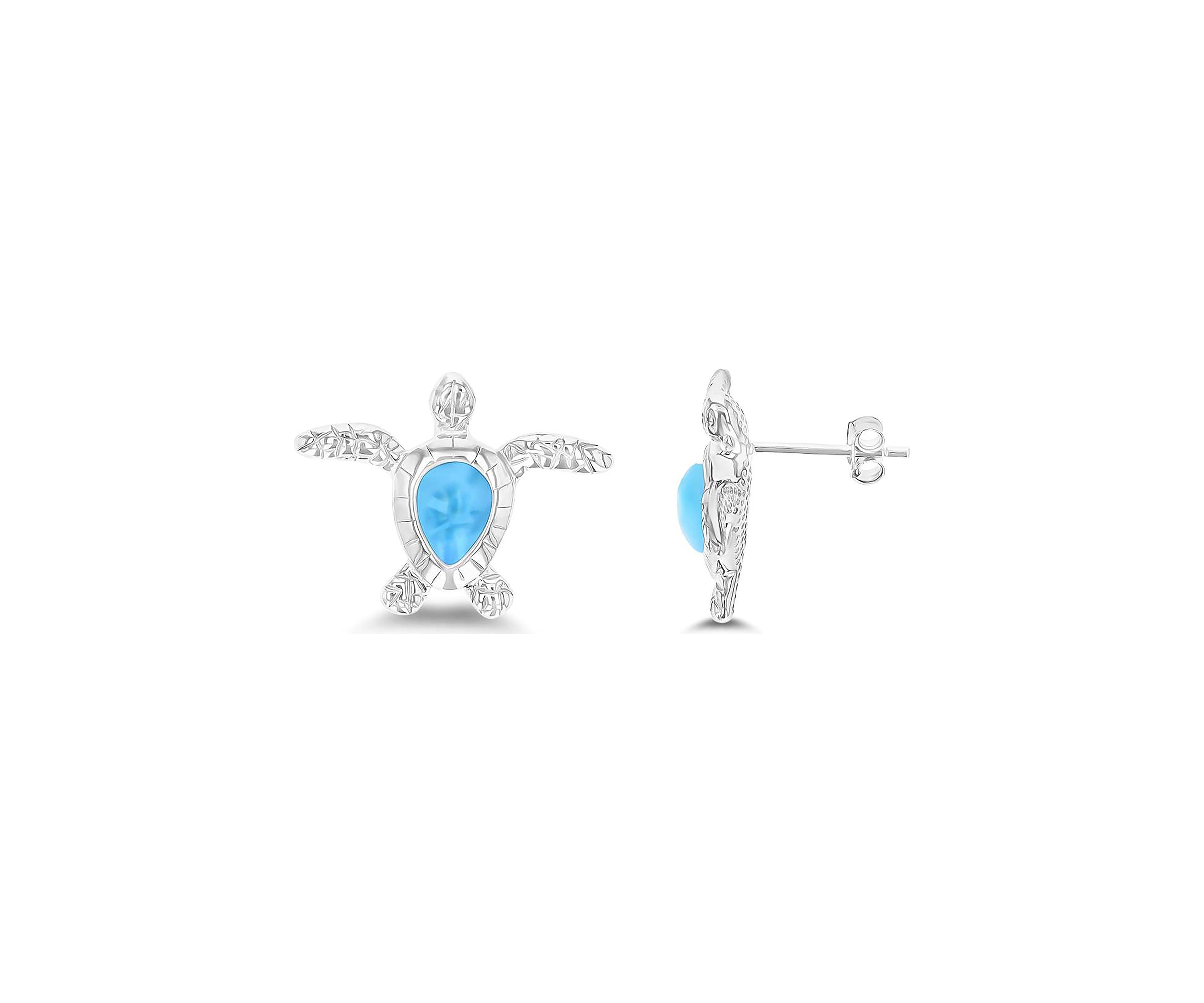 Sterling Silver Rhodium Larimar Turtle Stud Earring
