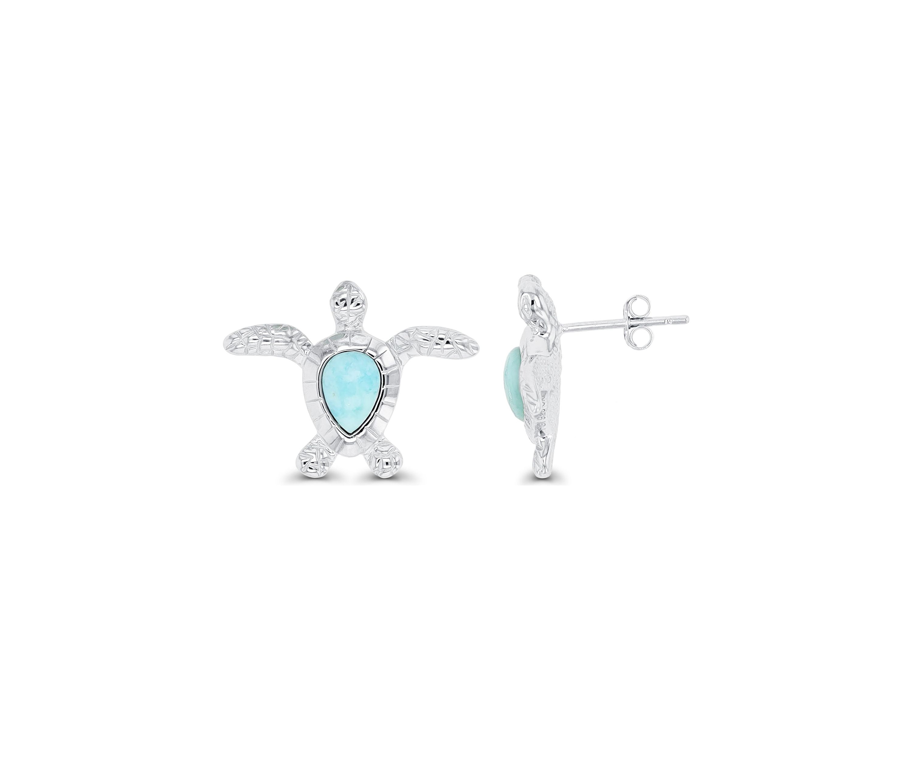 Sterling Silver Rhodium Larimar Turtle Stud Earring