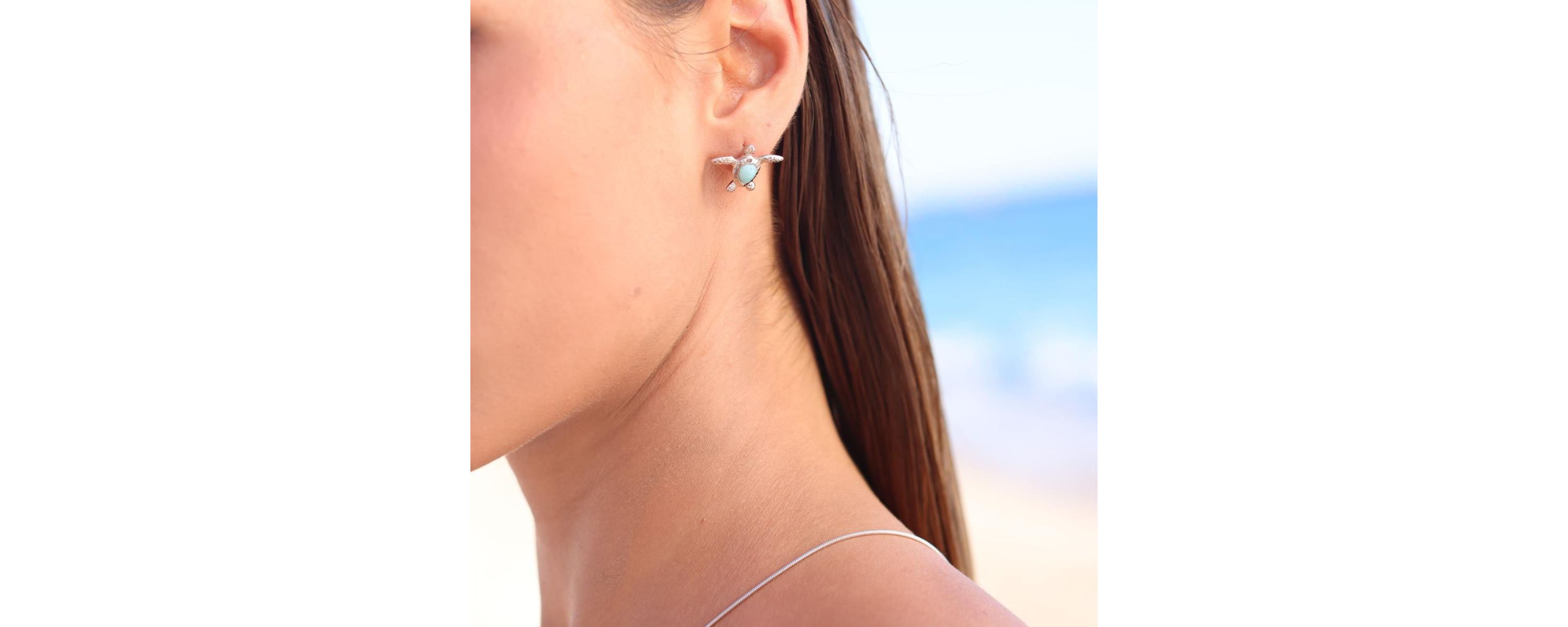 Sterling Silver Rhodium Larimar Turtle Stud Earring