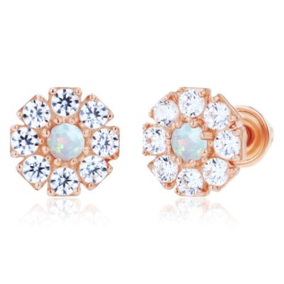 LULEA Lab Created Sterling Silver Rose 2mm Round Created Opal & 1.5mm Created White Sapphire Flower Screwback Earrings