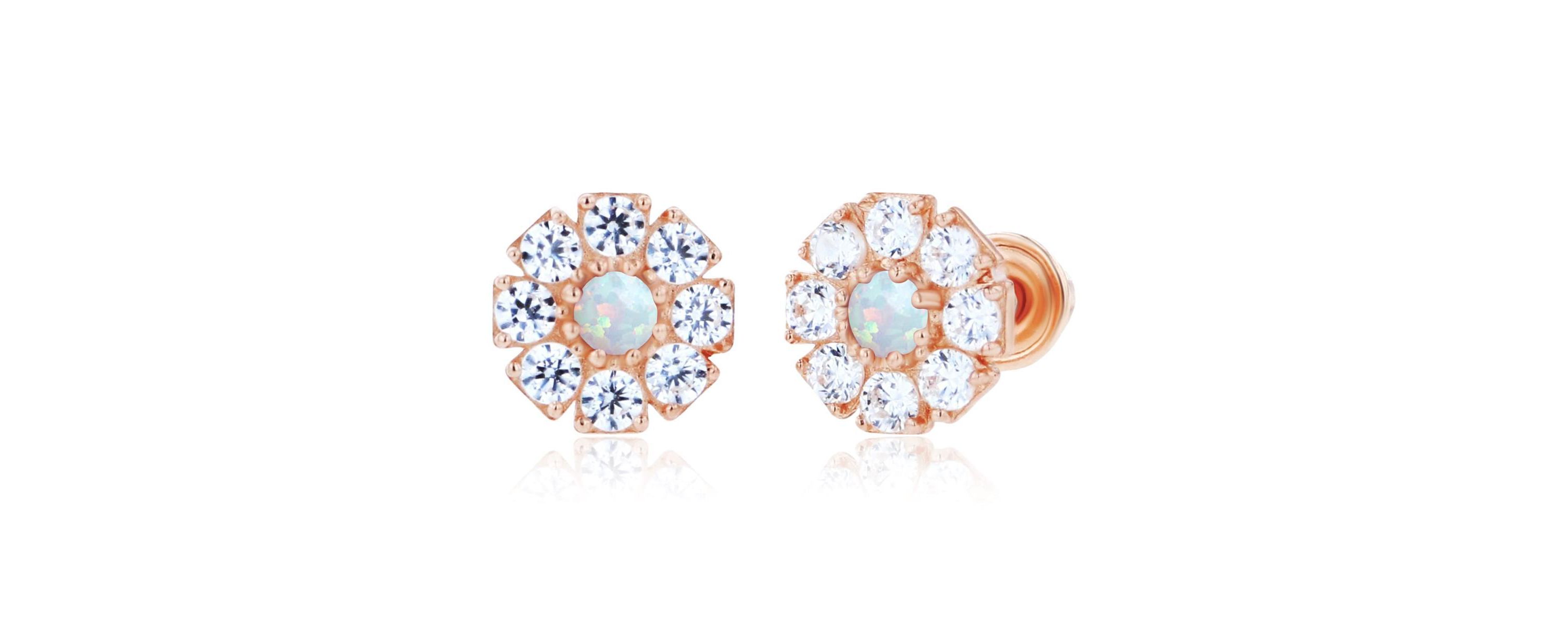 Lab Created Sterling Silver Rose 2mm Round Created Opal & 1.5mm Created White Sapphire Flower Screwback Earrings