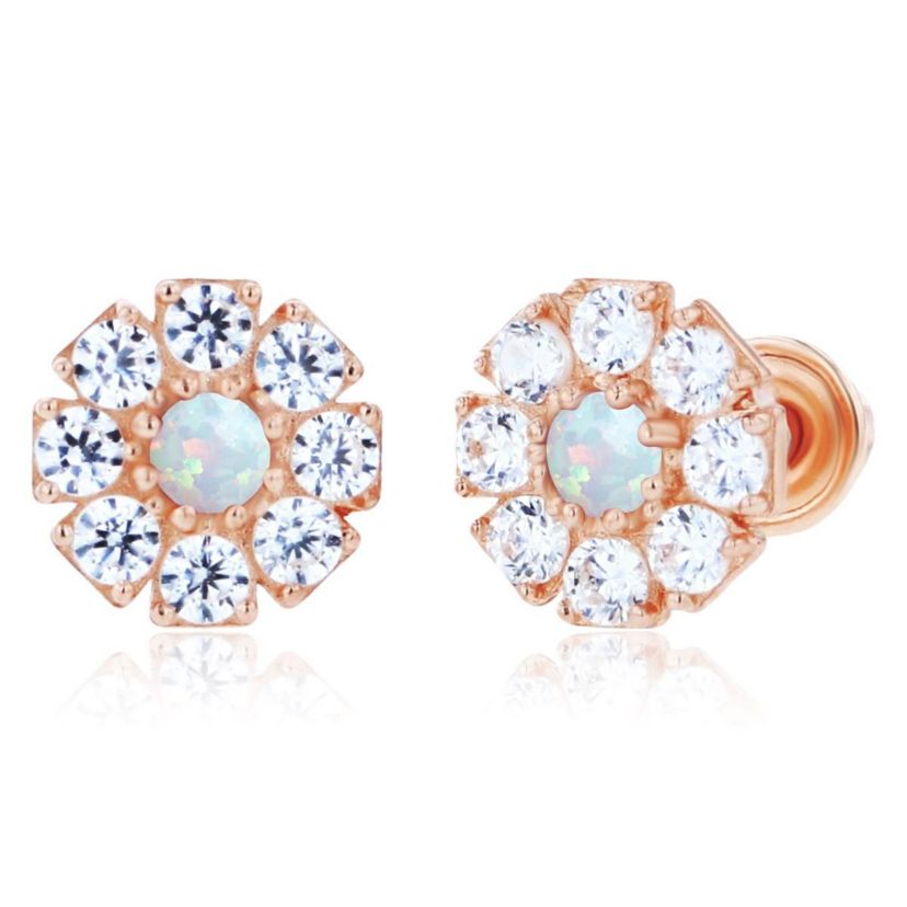 Lab Created Sterling Silver Rose 2mm Round Created Opal & 1.5mm Created White Sapphire Flower Screwback Earrings