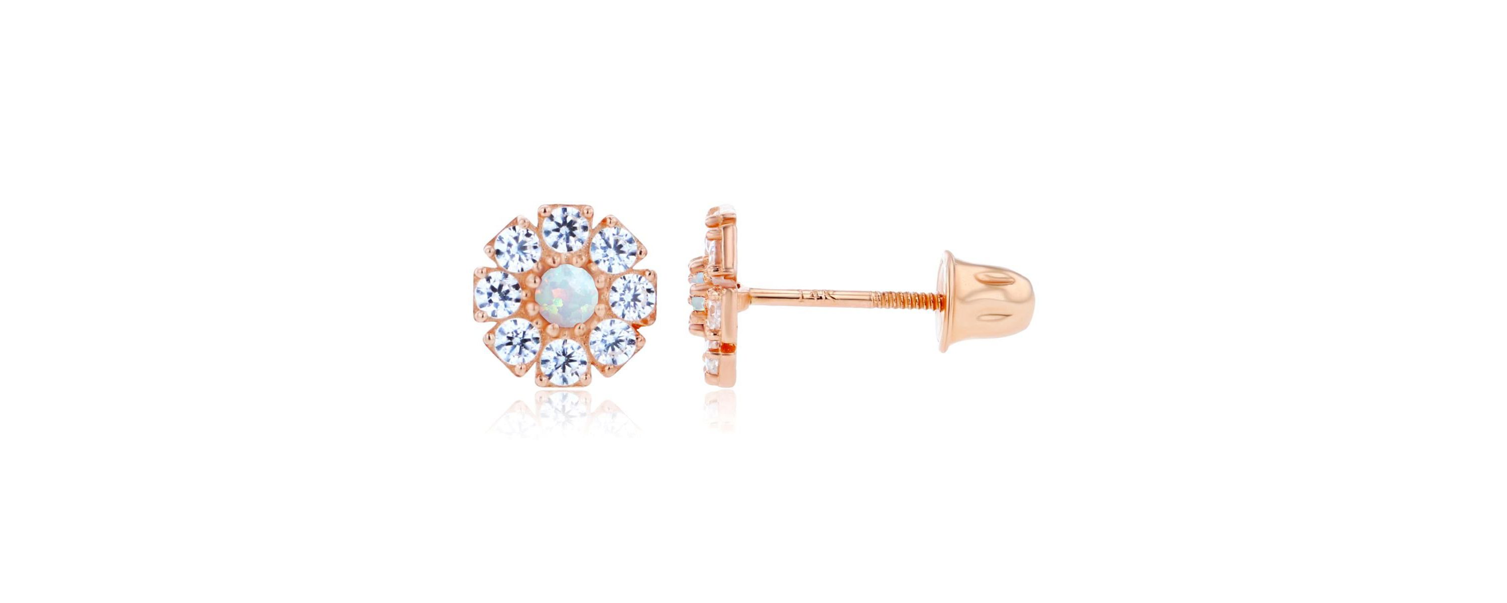Lab Created Sterling Silver Rose 2mm Round Created Opal & 1.5mm Created White Sapphire Flower Screwback Earrings