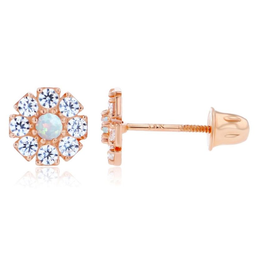 Lab Created Sterling Silver Rose 2mm Round Created Opal & 1.5mm Created White Sapphire Flower Screwback Earrings