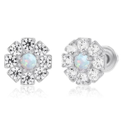 LULEA Lab Created Sterling Silver Rhodium 2mm Round Created Opal & 1.5mm Created White Sapphire Flower Screwback Earrings