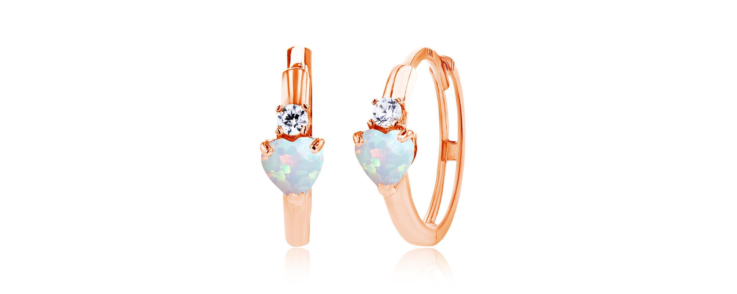 Lab Created Sterling Silver Rose 4mm Heart Created Opal & 2mm Created White Sapphire Huggie Earrings