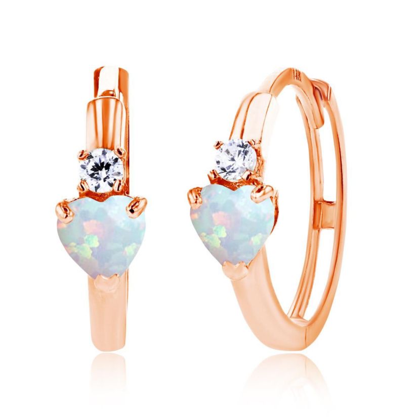 Lab Created Sterling Silver Rose 4mm Heart Created Opal & 2mm Created White Sapphire Huggie Earrings