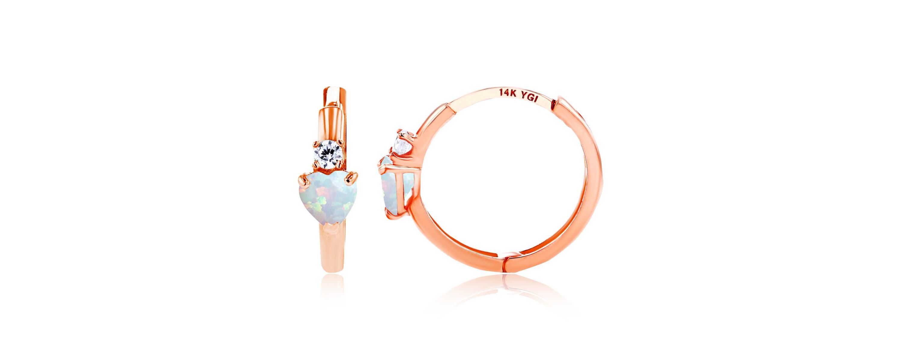 Lab Created Sterling Silver Rose 4mm Heart Created Opal & 2mm Created White Sapphire Huggie Earrings