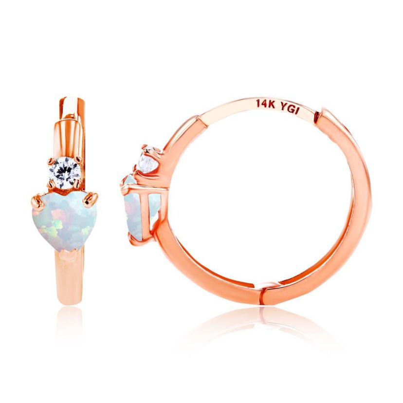 Lab Created Sterling Silver Rose 4mm Heart Created Opal & 2mm Created White Sapphire Huggie Earrings