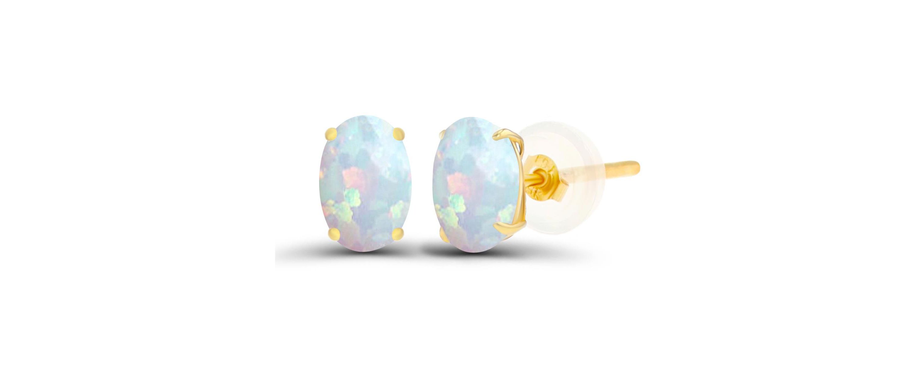 Lab Created Sterling Silver Yellow 6x4mm Oval Created Opal Basket Stud Earrings with Silicone Back