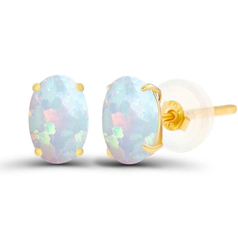 Lab Created Sterling Silver Yellow 6x4mm Oval Created Opal Basket Stud Earrings with Silicone Back