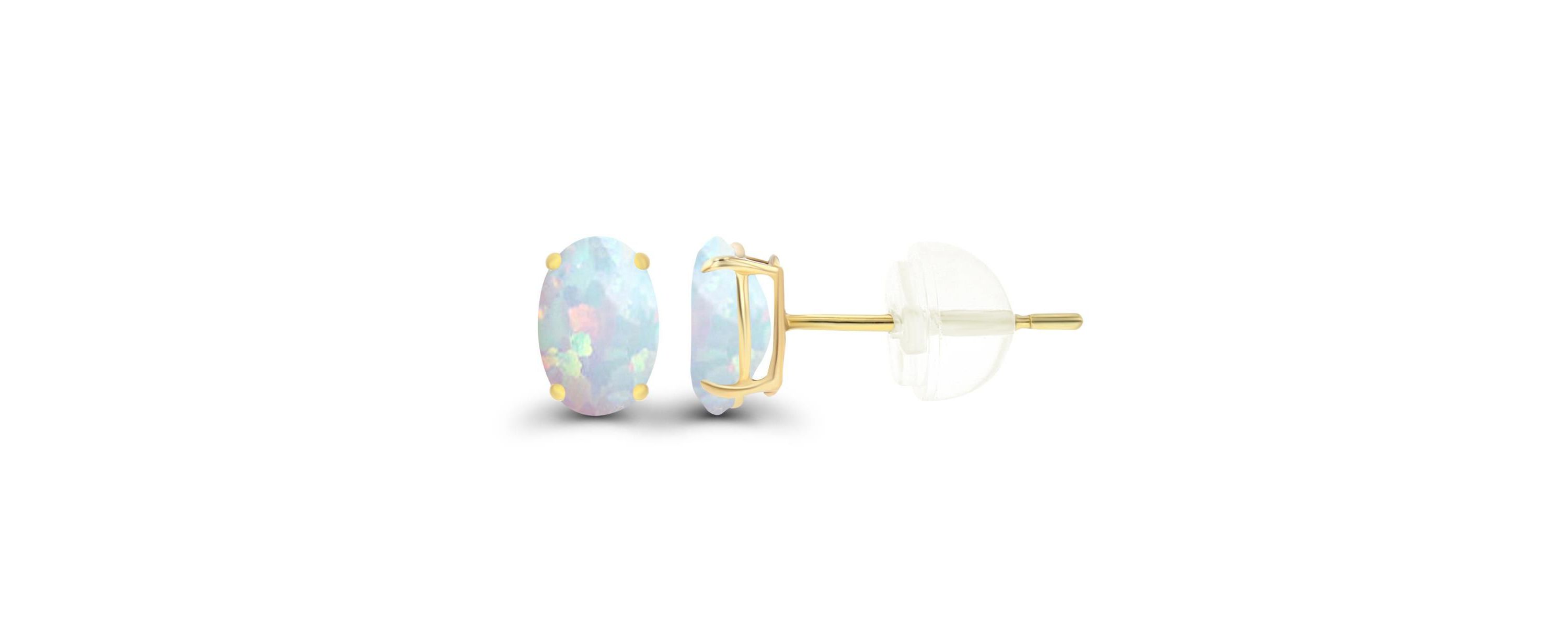 Lab Created Sterling Silver Yellow 6x4mm Oval Created Opal Basket Stud Earrings with Silicone Back
