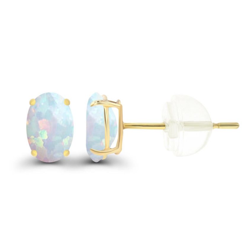 Lab Created Sterling Silver Yellow 6x4mm Oval Created Opal Basket Stud Earrings with Silicone Back