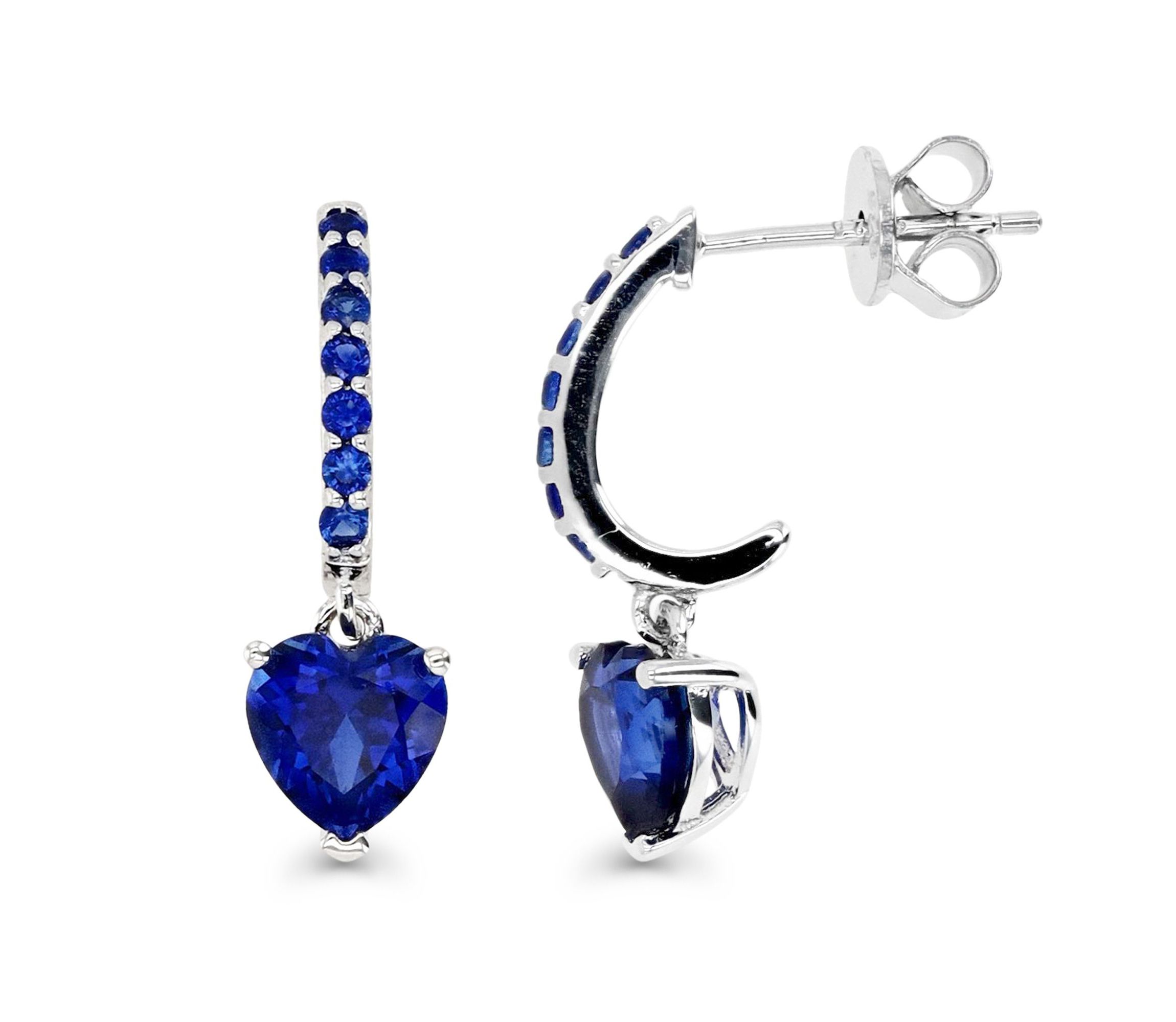Sterling Silver Rhodium Heart Created Blue Sapphire Drop Earring