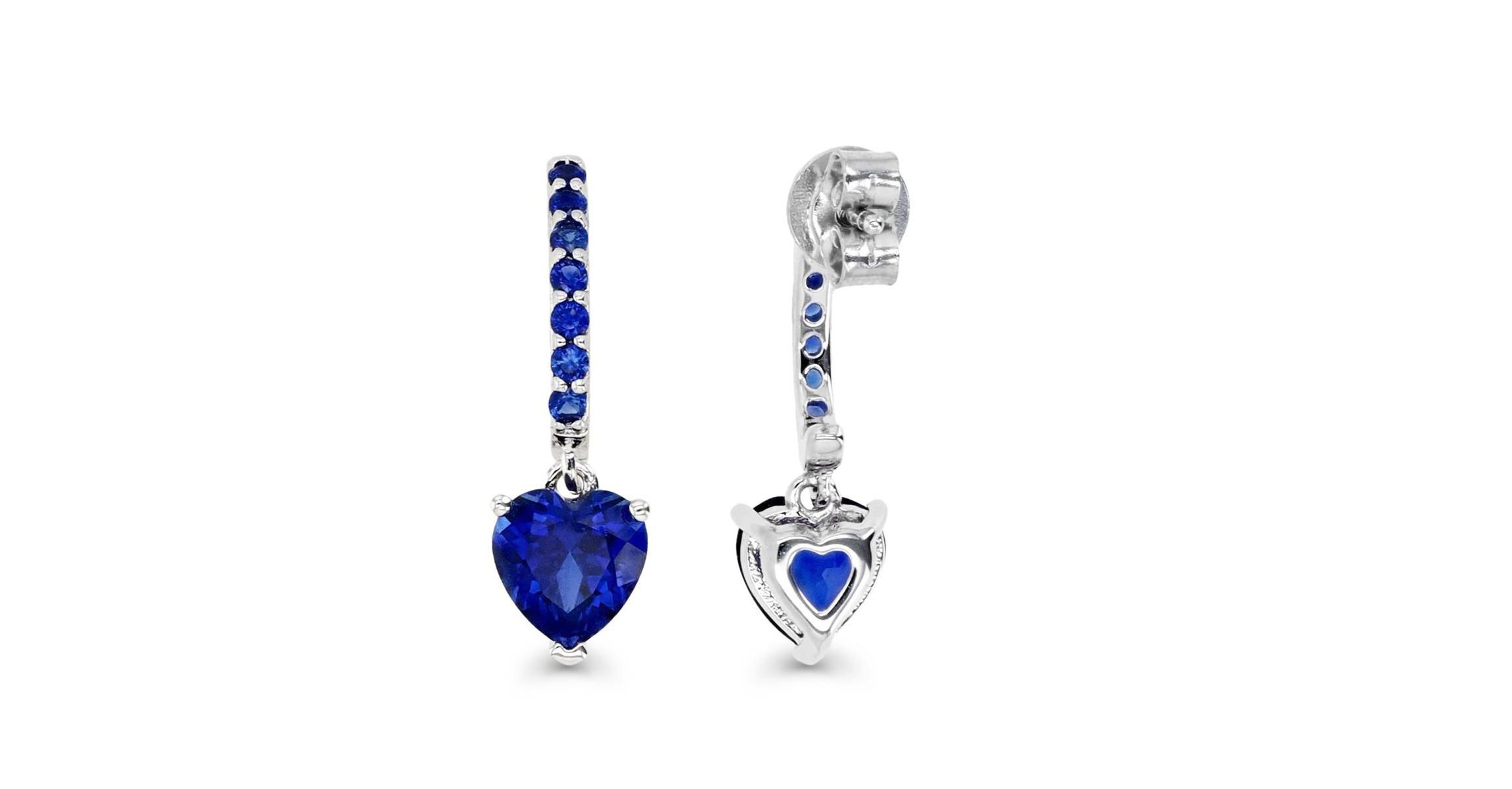 Sterling Silver Rhodium Heart Created Blue Sapphire Drop Earring
