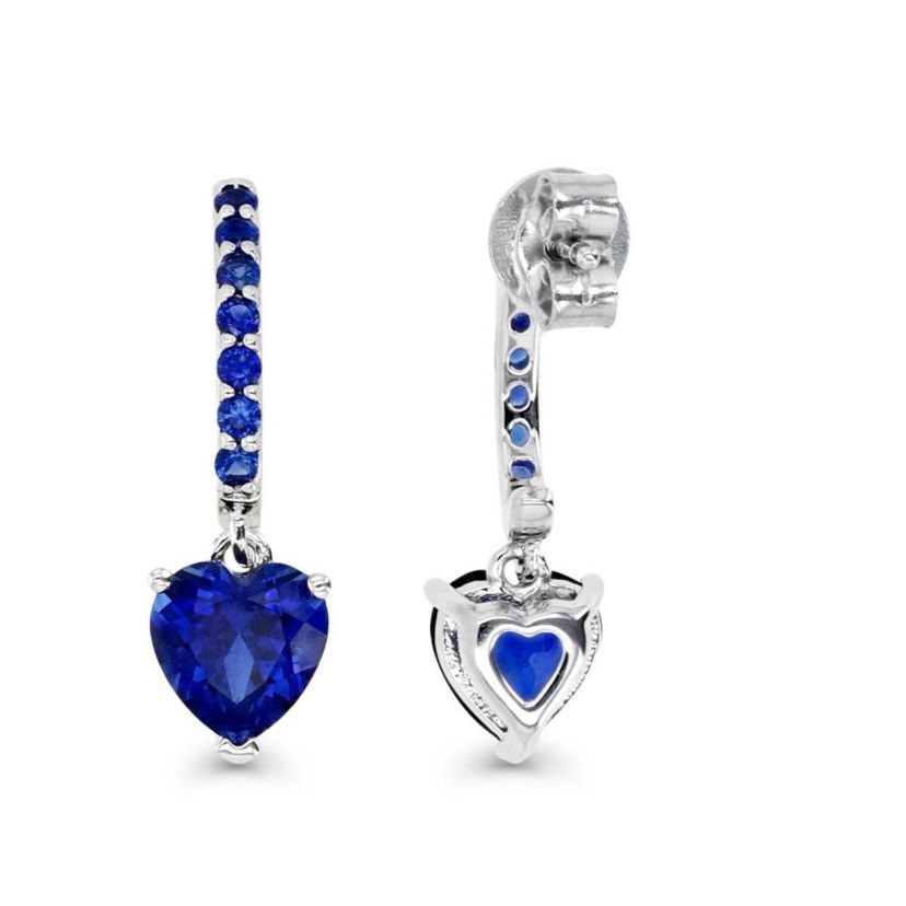 Sterling Silver Rhodium Heart Created Blue Sapphire Drop Earring