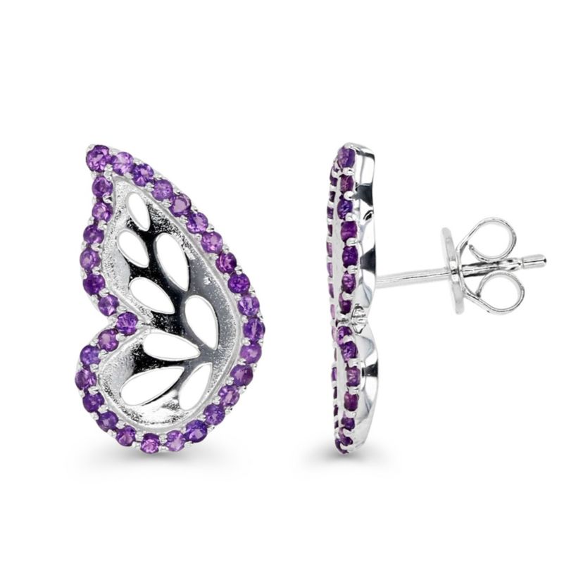 Sterling Silver Rhodium Amethyst Butterfly Stud Earring