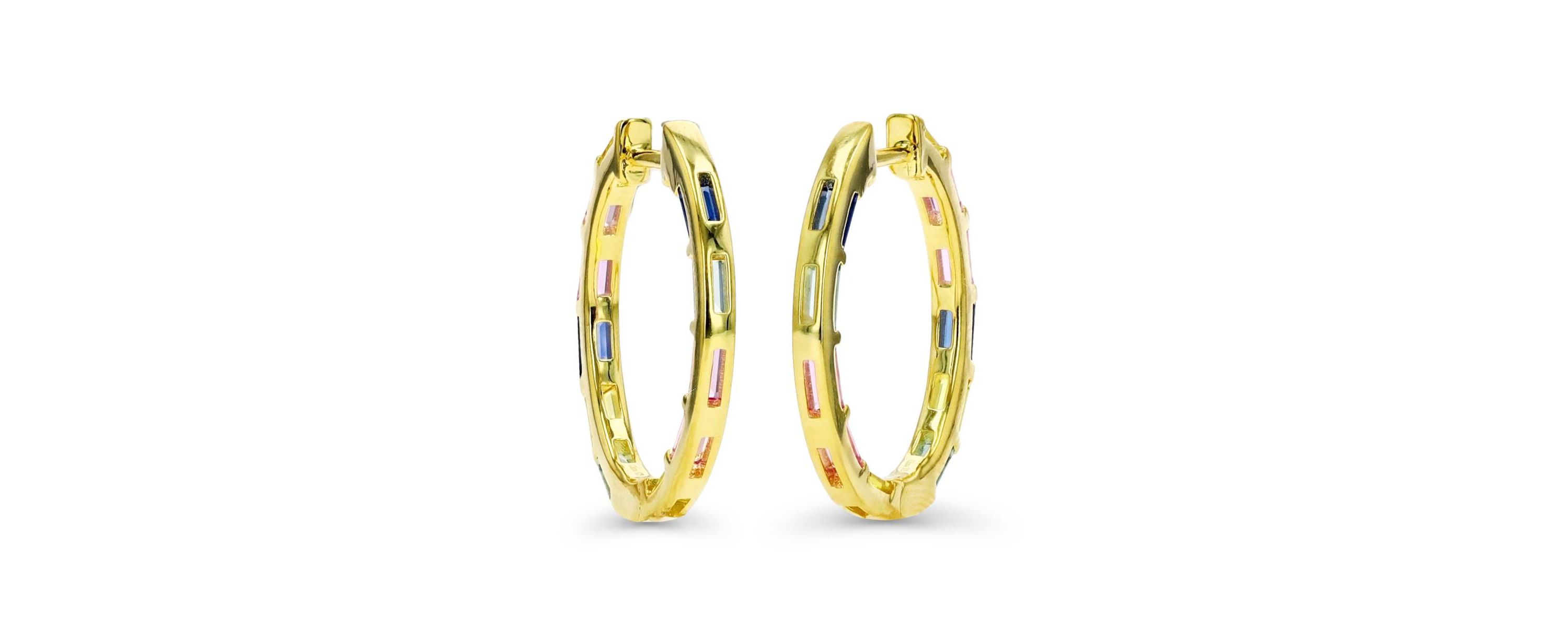 Sterling Silver Yellow Multi Color Baguette Hoop Earring
