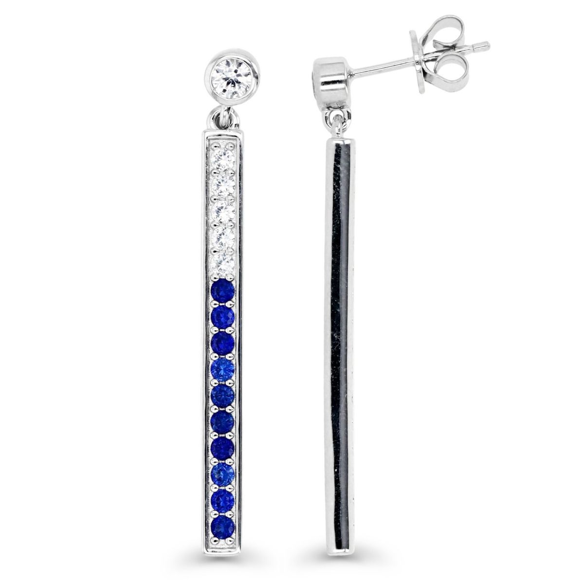 Sterling Silver Rhodium Graduated Created White and Blue Sapphire Dangling Earring