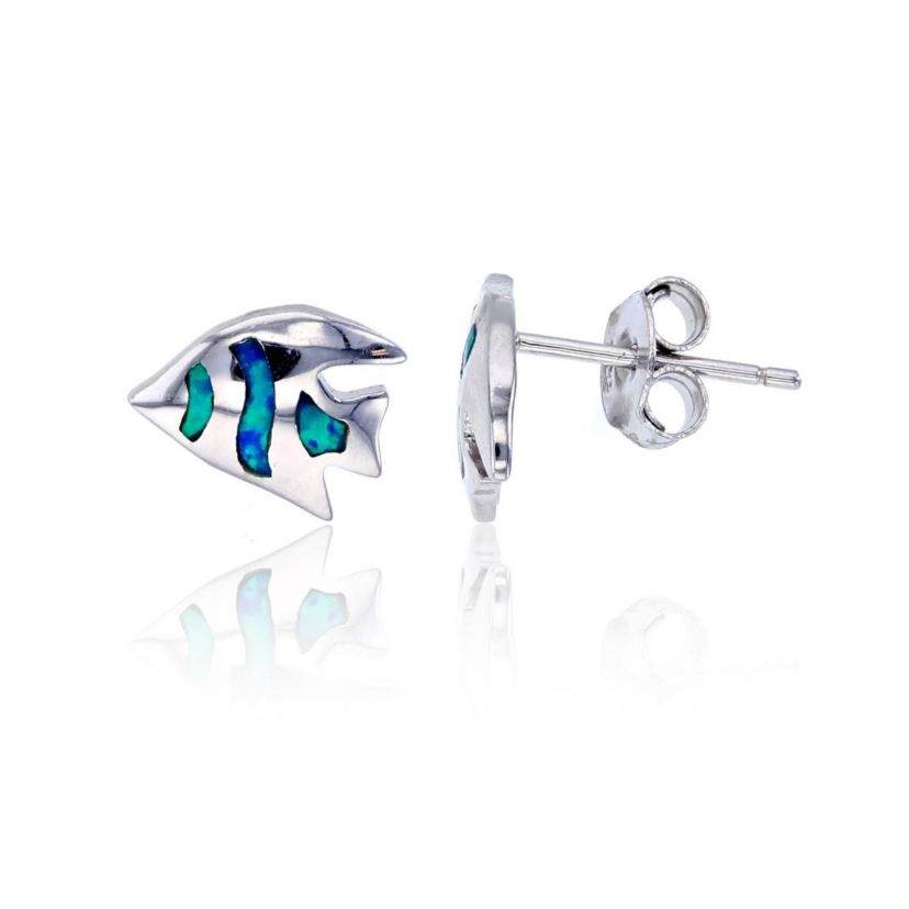 Lab Created Sterling Silver Rhodium Created Opal Fish Stud Earring