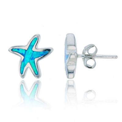 Lab Created Sterling Silver Rhodium 11.25x10.3mm Created Opal Star Fish Stud