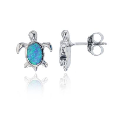 Lab Created Sterling Silver Rhodium 14x13mm Created Opal Turtle Stud