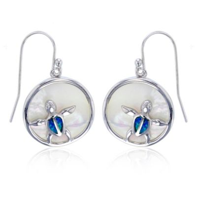 Bijoux Du Soleil Lab Created Sterling Silver Rhodium Round MOP with Created Blue Opal Turtle Dangling Fish-Hook Earring