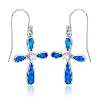 Bijoux Du Soleil Lab Created Sterling Silver Rhodium Created Blue Opal with Center CZ Pinched Cross Dangling Fish-Hook Earring