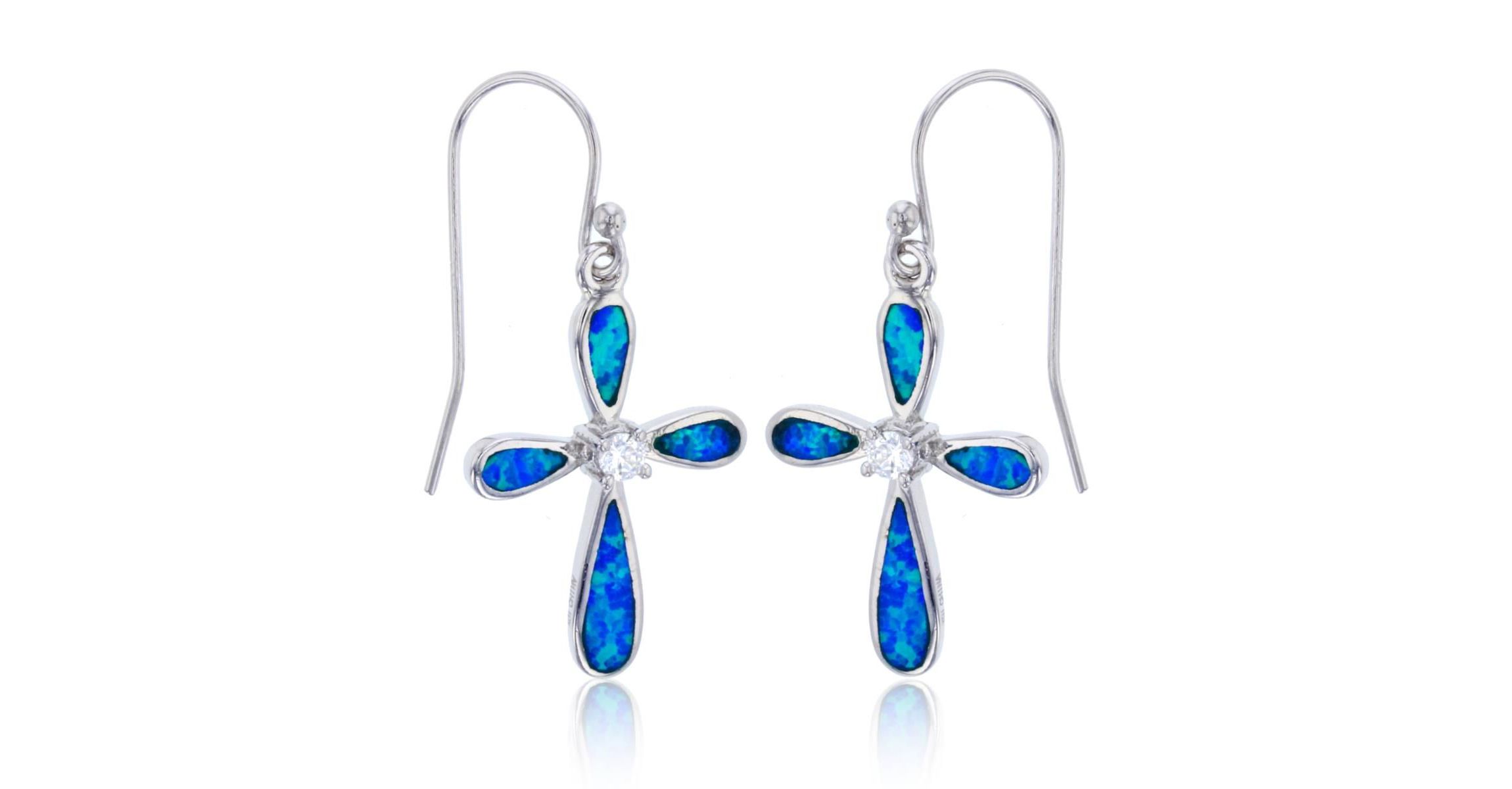 Lab Created Sterling Silver Rhodium Created Blue Opal with Center CZ Pinched Cross Dangling Fish-Hook Earring