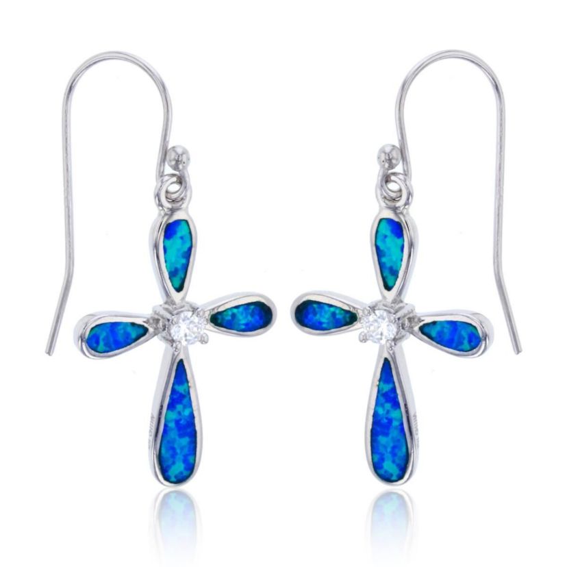 Lab Created Sterling Silver Rhodium Created Blue Opal with Center CZ Pinched Cross Dangling Fish-Hook Earring
