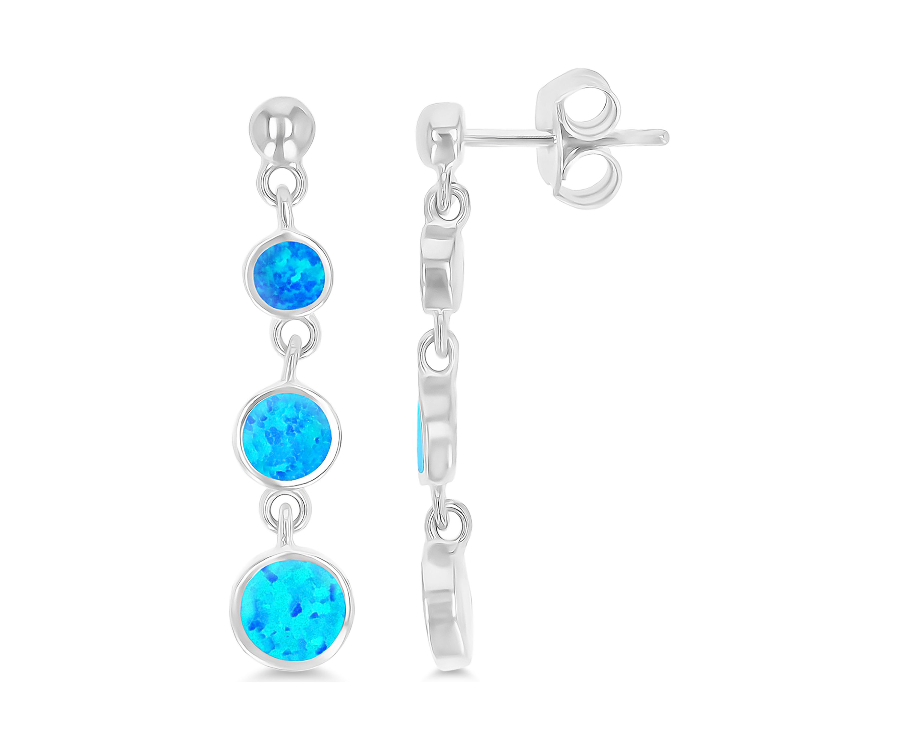 Sterling Silver Rhodium Created Blue Opal Graduated Circles Dangling Earring