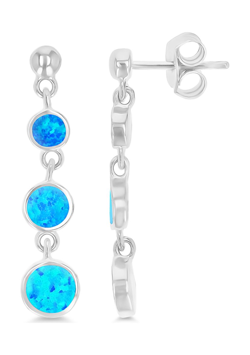 Sterling Silver Rhodium Created Blue Opal Graduated Circles Dangling Earring