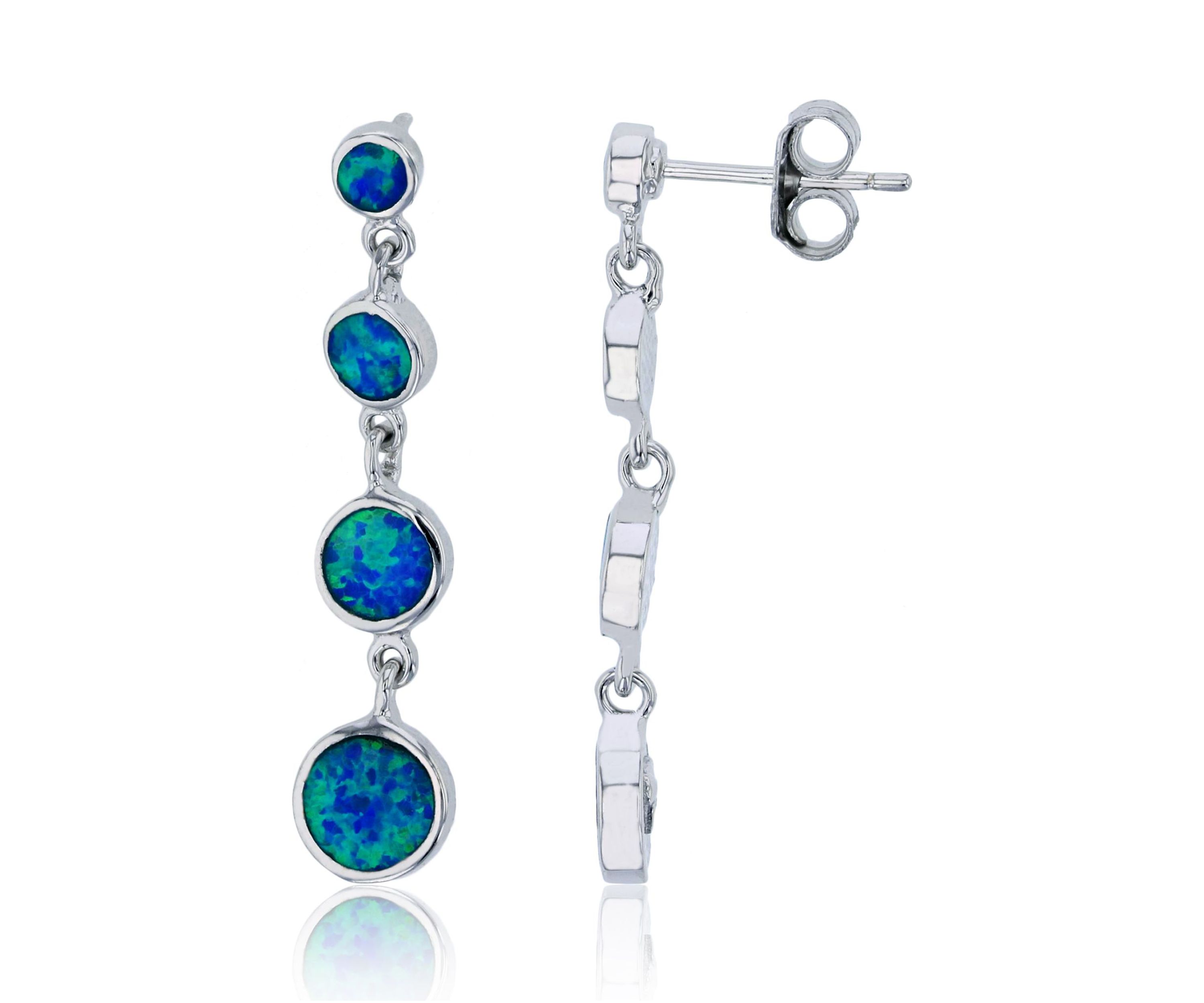 Sterling Silver Rhodium Created Blue Opal Graduated Circles Dangling Earring