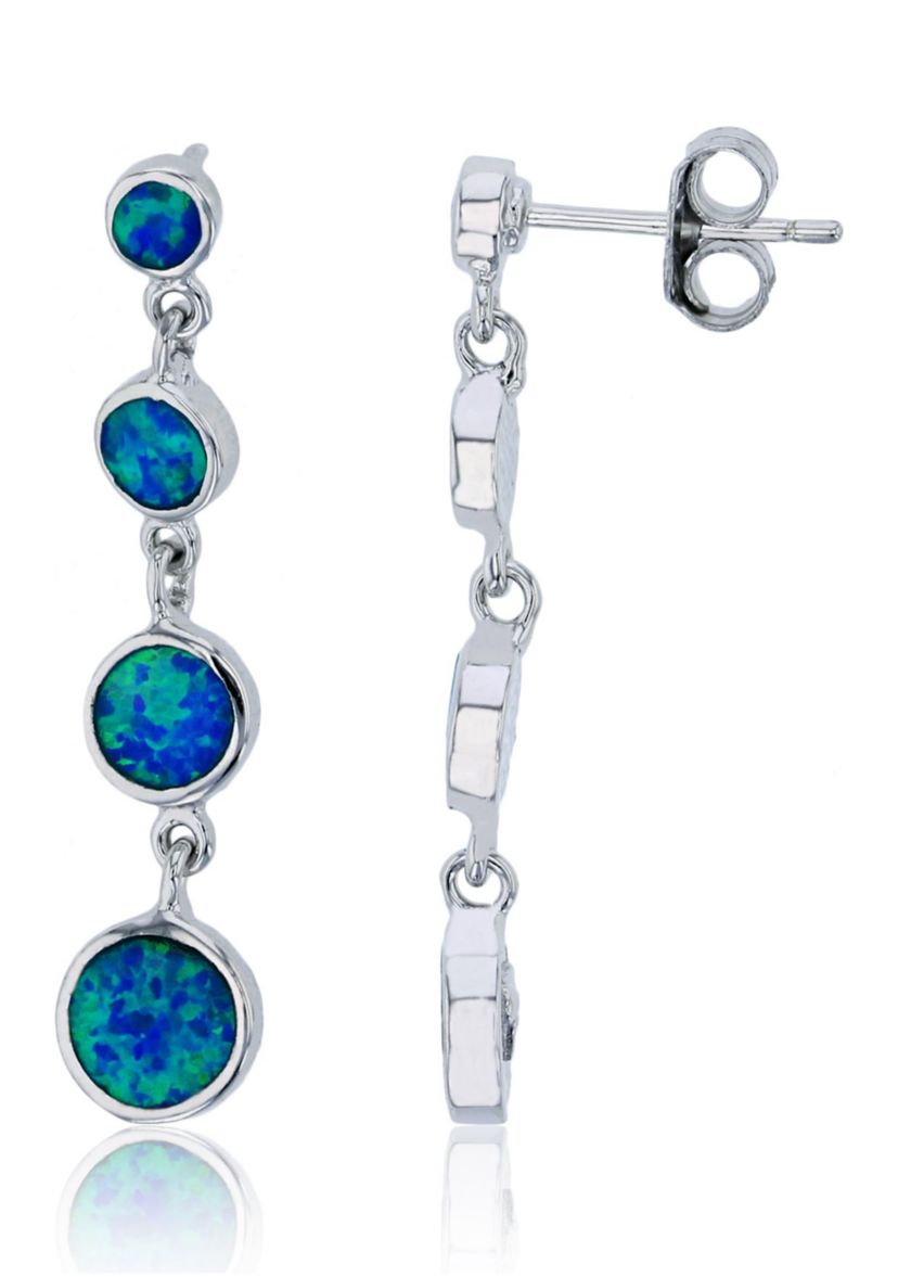 Sterling Silver Rhodium Created Blue Opal Graduated Circles Dangling Earring