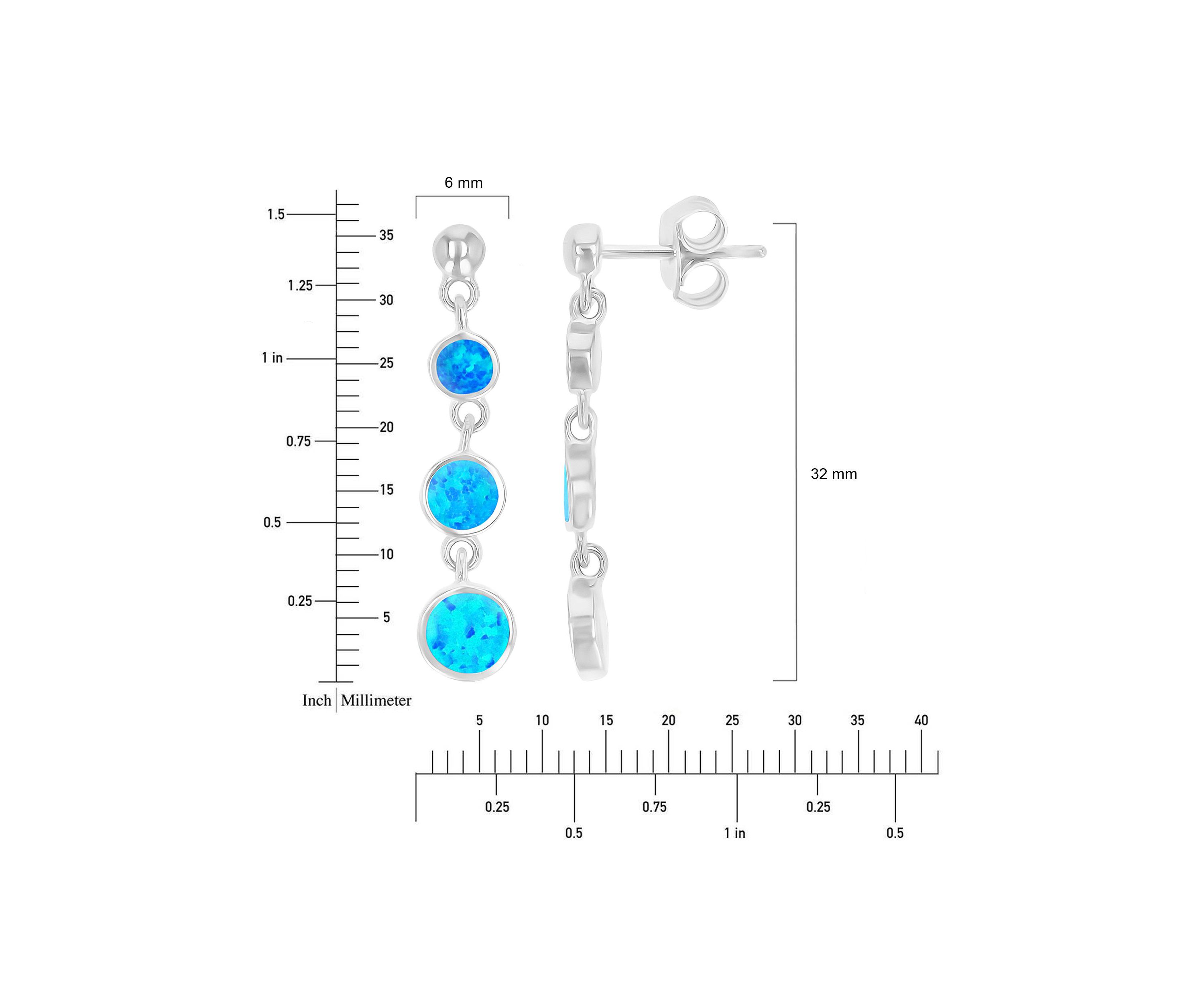 Sterling Silver Rhodium Created Blue Opal Graduated Circles Dangling Earring