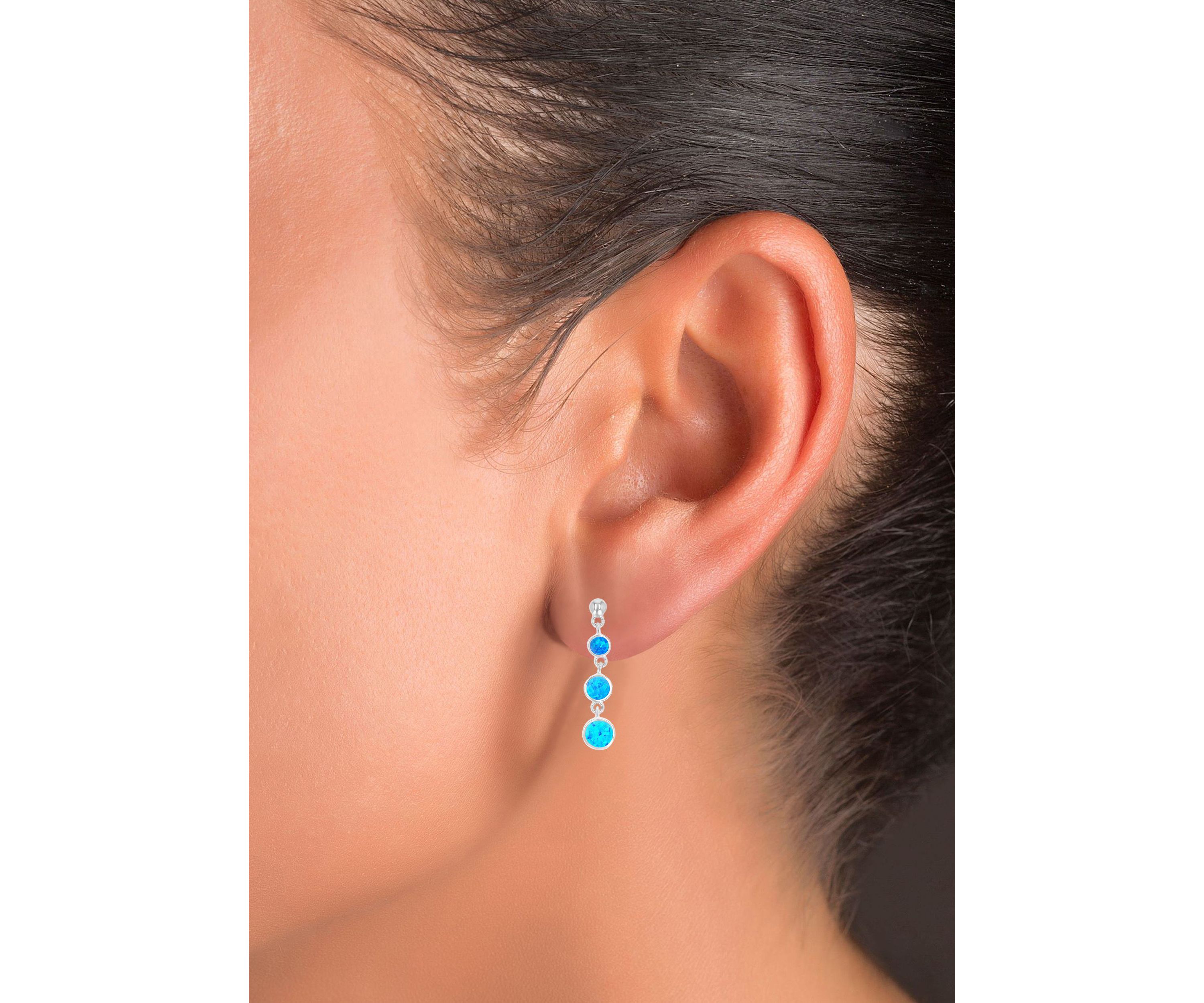 Sterling Silver Rhodium Created Blue Opal Graduated Circles Dangling Earring