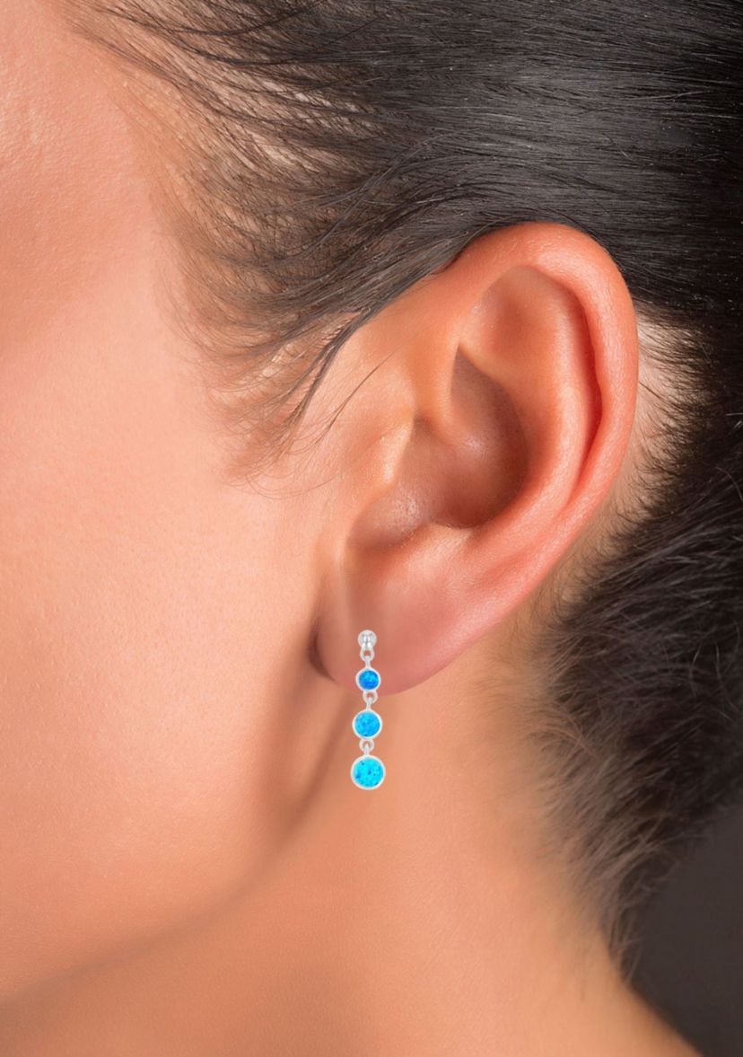Sterling Silver Rhodium Created Blue Opal Graduated Circles Dangling Earring