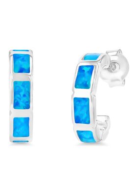 Bijoux Du Soleil Sterling Silver Rhodium Created Blue Opal Brick Huggie Earring with Post & Clutch
