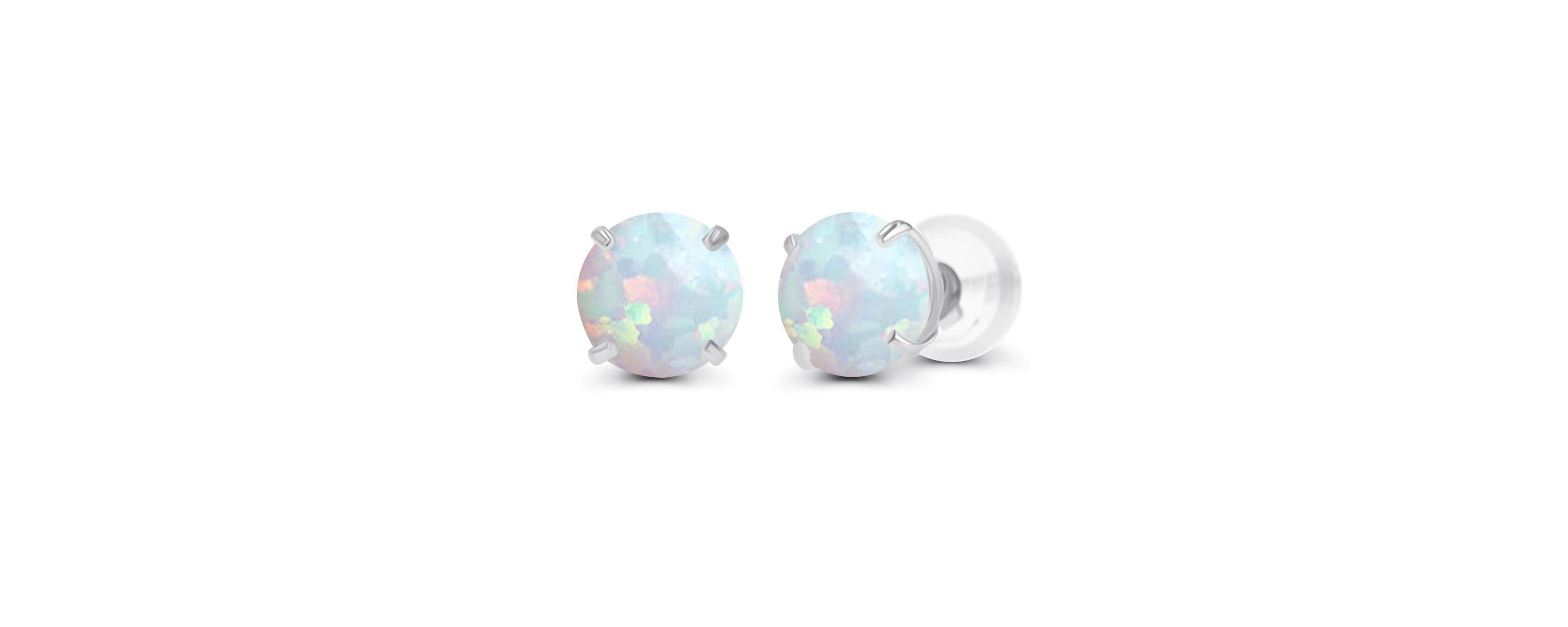 Lab Created Sterling Silver Rhodium 4.00mm Round Semi Precious Created Opal Stud Earring