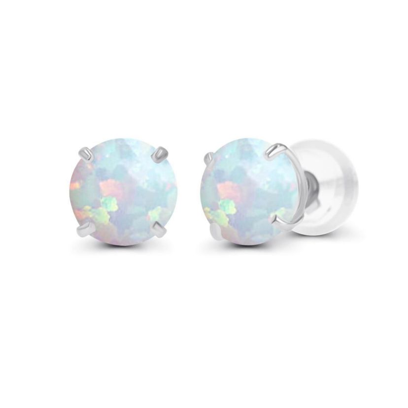 Lab Created Sterling Silver Rhodium 4.00mm Round Semi Precious Created Opal Stud Earring