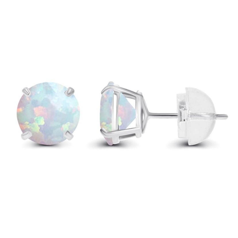Lab Created Sterling Silver Rhodium 4.00mm Round Semi Precious Created Opal Stud Earring
