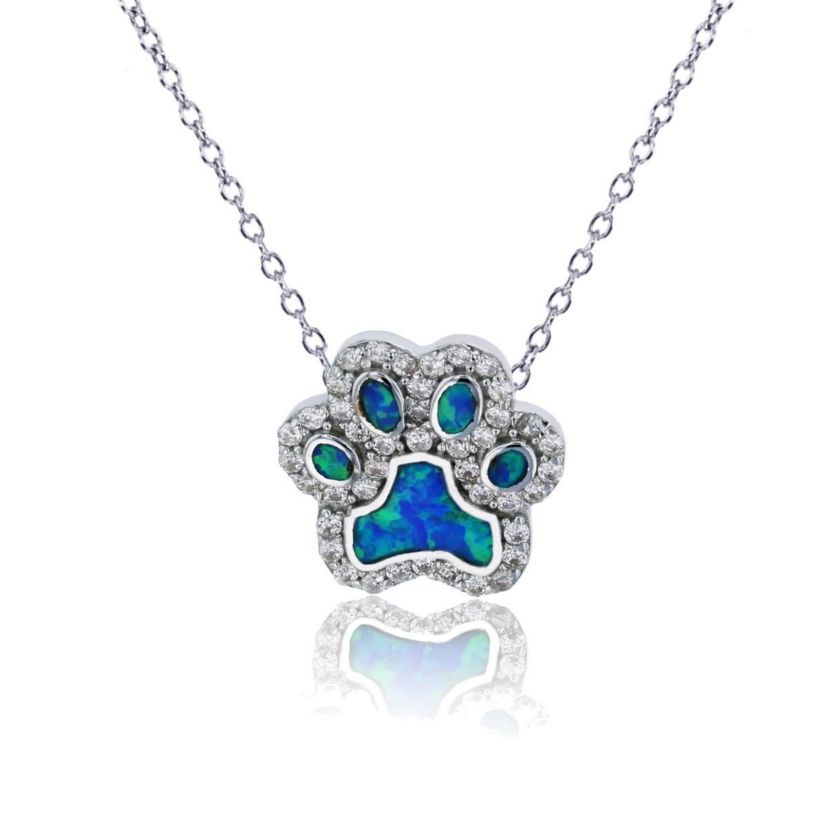 Lab Created Sterling Silver Rhodium 13x13mm Created Blue Opal & White CZ Paw 18" Necklace