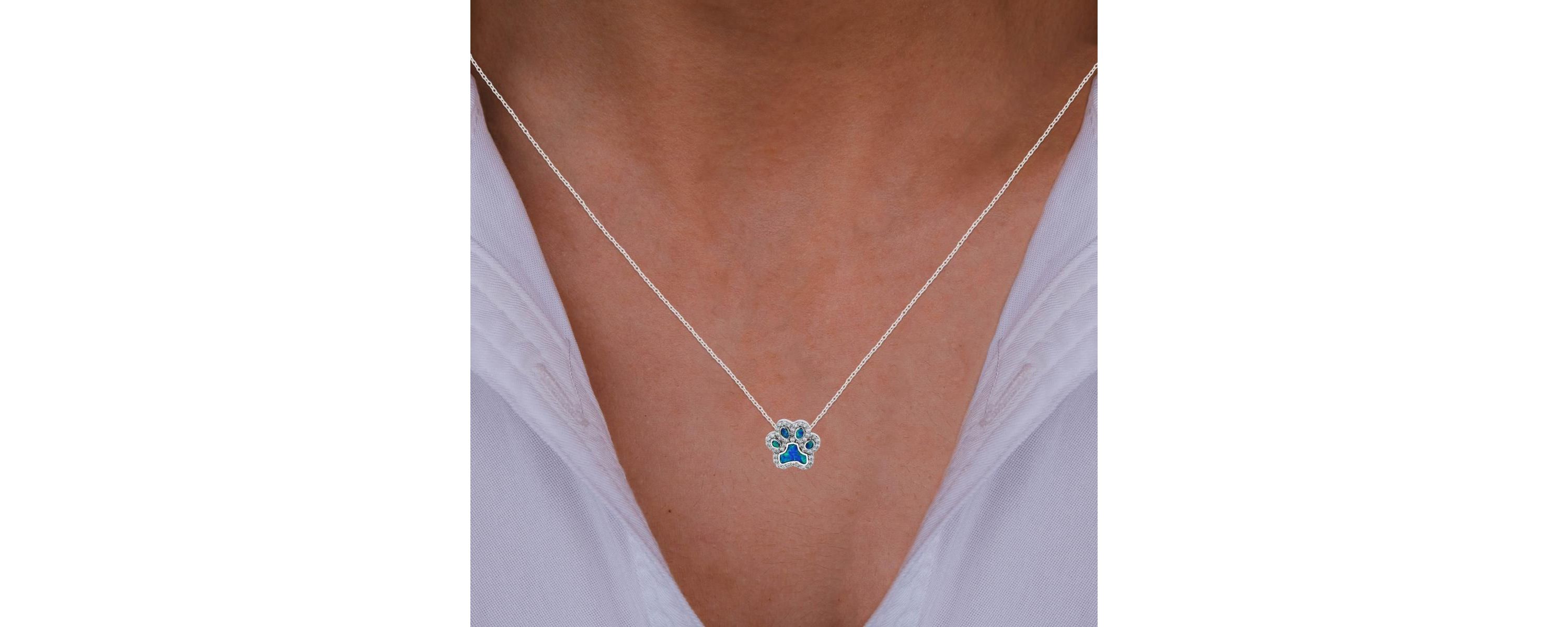 Lab Created Sterling Silver Rhodium 13x13mm Created Blue Opal & White CZ Paw 18" Necklace