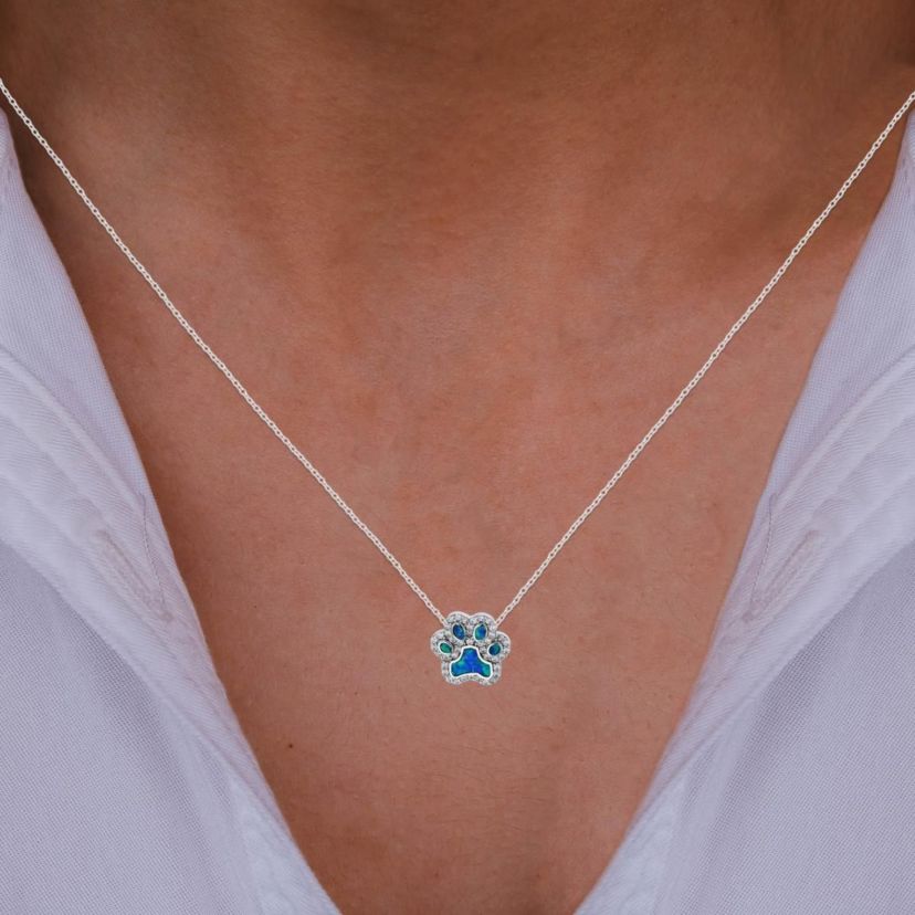 Lab Created Sterling Silver Rhodium 13x13mm Created Blue Opal & White CZ Paw 18" Necklace