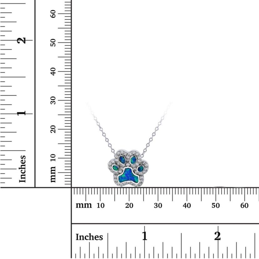 Lab Created Sterling Silver Rhodium 13x13mm Created Blue Opal & White CZ Paw 18" Necklace