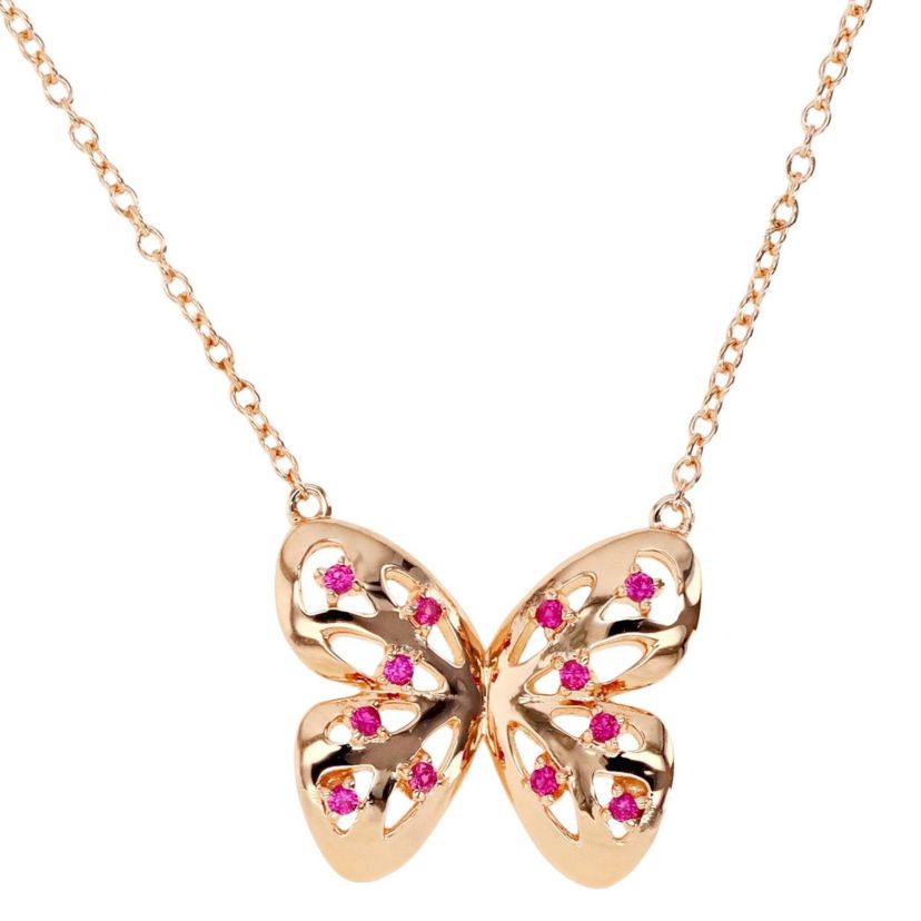 Sterling Silver Rose CreatedRuby Butterfly 18" Necklace
