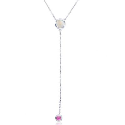 LULEA Lab Created Sterling Silver Rhodium 5mm Rnd Created Opal & 3mm Rnd Created Pink Sapphire 2-Bezel Circles Dangling 17" Necklace