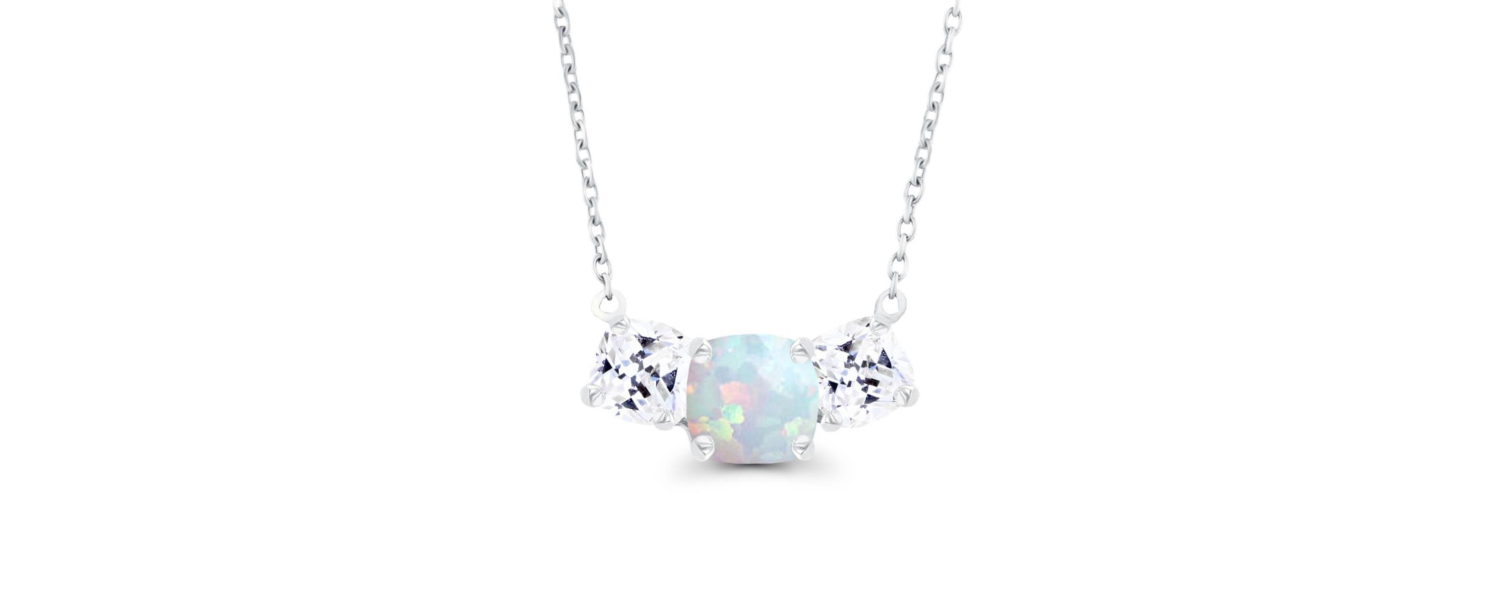 Lab Created Sterling Silver Rhodium 5mm Cushion Created Opal & 4mm Cushion Created White Sapphire 3-Stone 18" Necklace